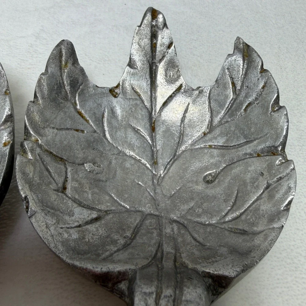 VTG Cast Metal Leaf Salad Serving Set Silver Tone Rustic Botanical Twig‎ Handle